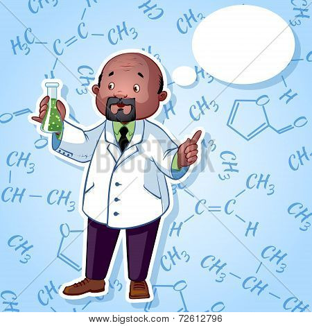 Professor in a white robe with a chemical flask in his hand