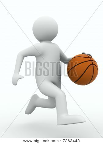 Basketballspiller med bold på hvid baggrund. Isolerede 3D billede
