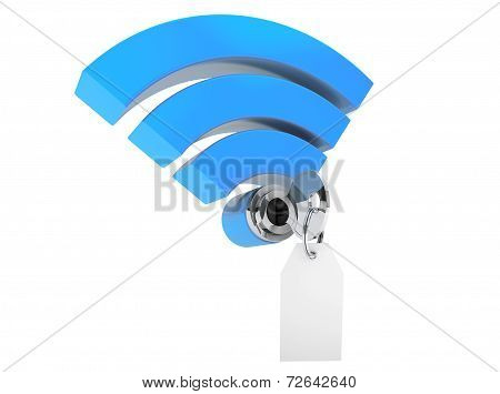 Wifi Internet Security Concept. 3D Symbol Wifi And Key With Blank Tag