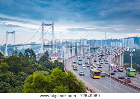 Xiamen Haicang Bridge At Dusk With Busy Traffic