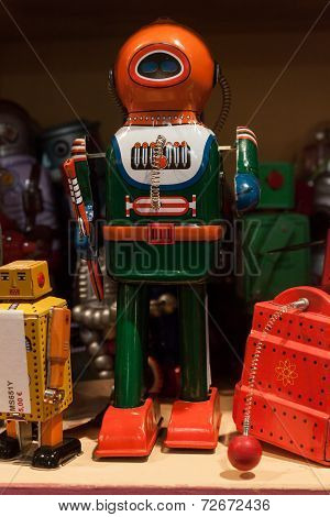 Vintage Tinplate Robots On Display At Homi, Home International Show In Milan, Italy