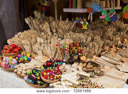 Wooden trinkets in a market booth