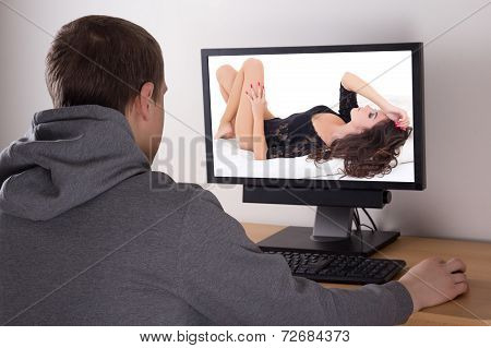 Man Looking At Sexy Woman Picture In Computer