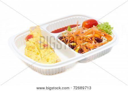 Omelette With Fresk Salad In White Plastic Box.