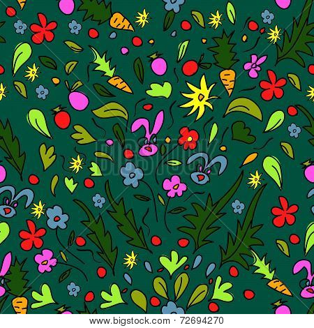 Seamless Pattern Colorful Garden With Rabbits And Carrots