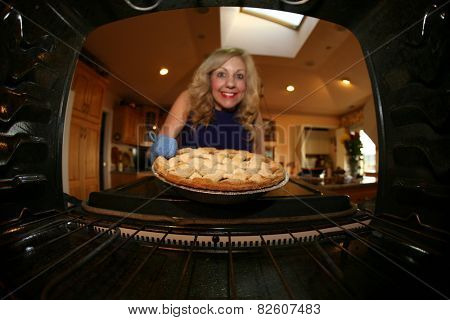 a house wife bakes a apple pie for her hungry family for desert. apple pies are as American as well Apple Pie. Shot from inside the oven for a unique view not often seen
