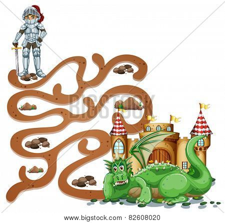 Illustration of a puzzle game with a knight and a dragon