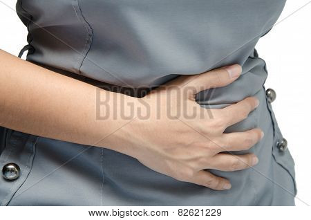 Woman Holding Her Stomach With Pain On Hemorrhoids On White Background