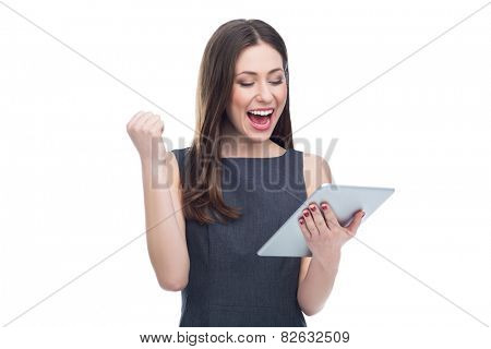 Excited woman with digital tablet