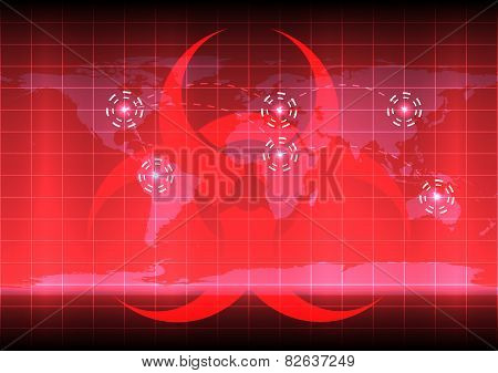 World Map With Bio Hazard Symblo  On Red Color Background