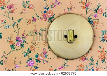 an old wallpaper with light switch. symbolic photo for renovation and remodel.