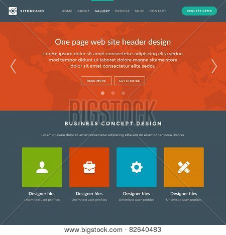 Website Template Landing One Page Header Flat Design and Icons. 960 grid system vector illustration.