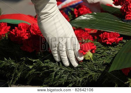 PRAGUE, CZECH REPUBLIC - MAY 9, 2013: Czech millitary honour guard attends the celebration of Victory Day at the Soviet War Memorial at the Olsany Cemetery in Prague, Czech Republic.