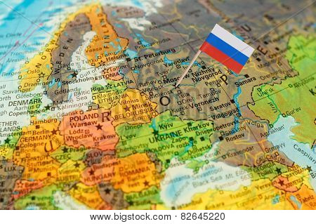 Globe Map Detail Russia With Russian Flag