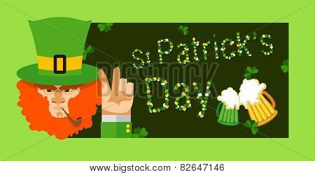 St Patricks day card with beer, lucky clover. leprechaun with a beard