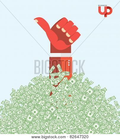 Hand And Money. The Hand Of The Winner In A Heap Of Money. Business Illustration