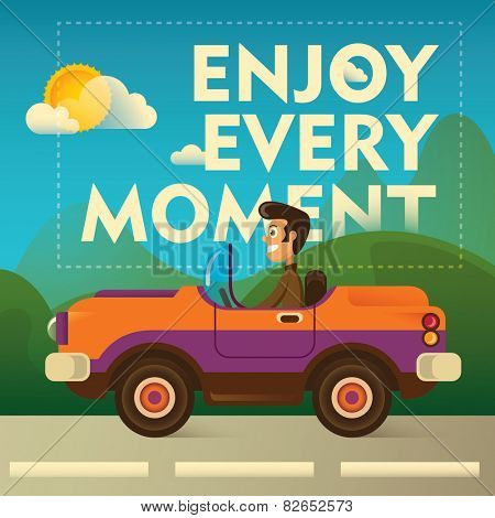 Comic guy driving convertible. Vector illustration.