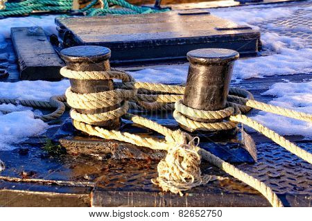 Gray Ropes Tied To Cum On The Fishing Boat