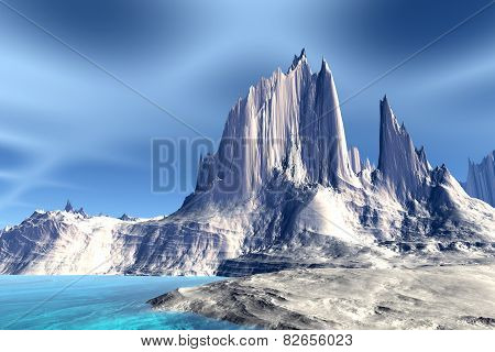 3D Rendered Fantasy Alien Planet. Rocks And Lake