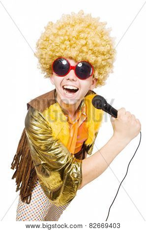 Man with afrocut and mic isolated on white