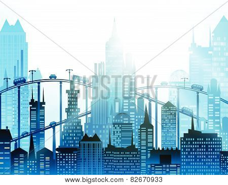 City roads and motorways with lots of traffic. Commuting time illustration