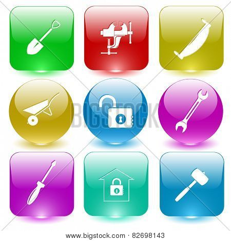 Industrial tools set. Vector set glass buttons.