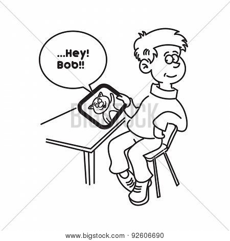boy with tablet sitting on a chair at the table