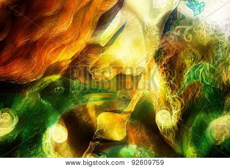 Radiant Elven Fairy Woman Creature And Energy Lights, And Bird Phoenix  Collage.