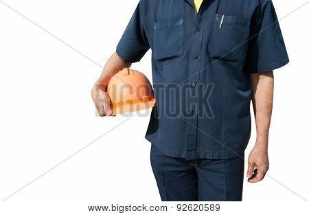 Engineer Holding Orange Helmet For Workers Security On Background