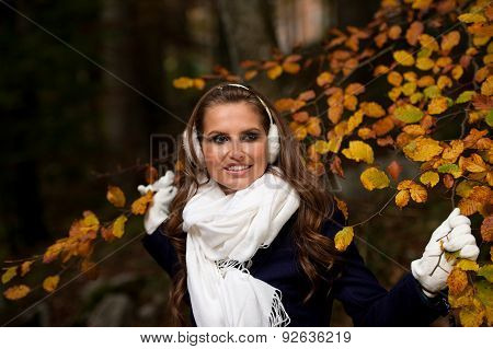 Blog Style Pretty Young Woman On A Walk In Forest On Late Autumn Day In Fashoinable Dress