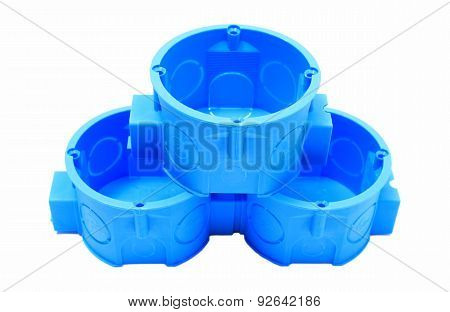 Stack Of Blue Electrical Boxes On White Background