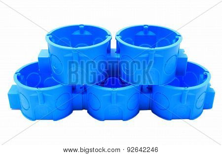 Stack Of Blue Electrical Boxes On White Background