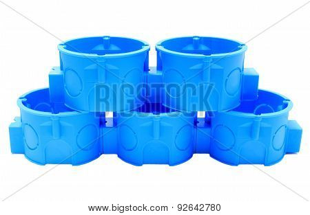 Stack Of Blue Electrical Boxes On White Background