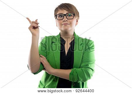 Photo of pudgy puzzled business woman