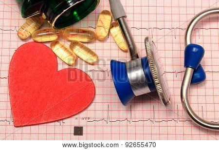 Stethoscope, Electrocardiogram Graph, Tablets And Heart Shape