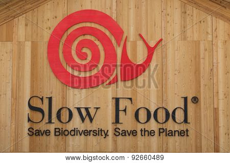 Slow Food Sign At Expo 2015 In Milan, Italy