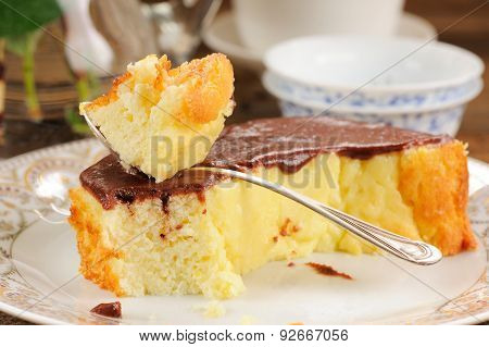 Homemade Baked Pudding With Chololate Icing, Jsilver Spoon And Teaware