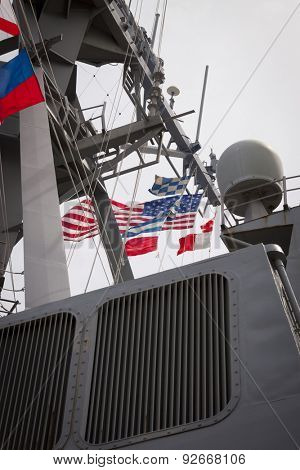 STATEN ISLAND, NY - MAY 20 2015: Low angle view of the guided-missile destroyer USS Barry (DDG 52) moored during Fleet Week NY at Sullivans Pier.