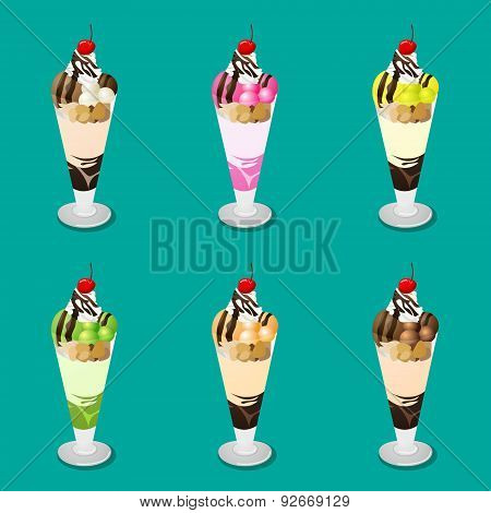 Set of Ice cream Parfait with red cherry on top in six flavor