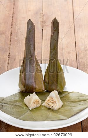 Thai Dessert 'khanom Sod-sai' - Grated Coconut Pudding On White Dish