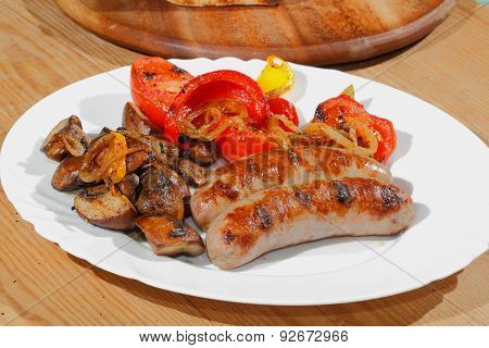 Grilled Sausages, Mushrooms, Tomatoes, Peppers