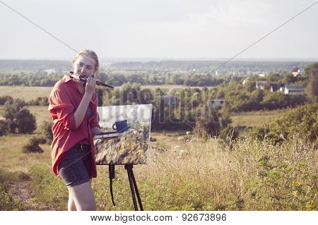 Painter With Brush In Her Mouse