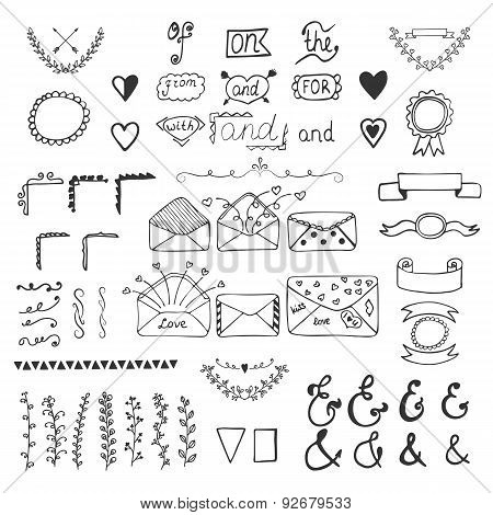 Handsketched Vector Design Elements. Hand Drawn Ampersands, Catchwords And Wedding Romantic Decor El