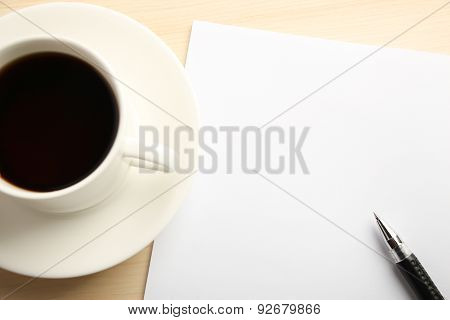 Blank Paper With Ball Pen And Coffee