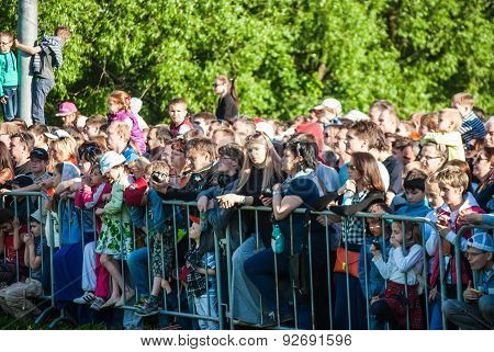 Crowd of people watching Historical reenactment of Boudica's re
