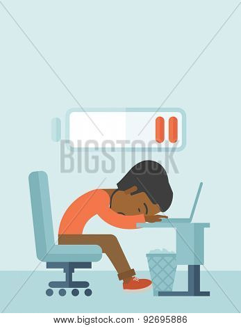 A tired black employee fall asleep at his desk with sign of low batt on the top of his head. A contemporary style with pastel palette soft blue tinted background. Vector flat design illustration