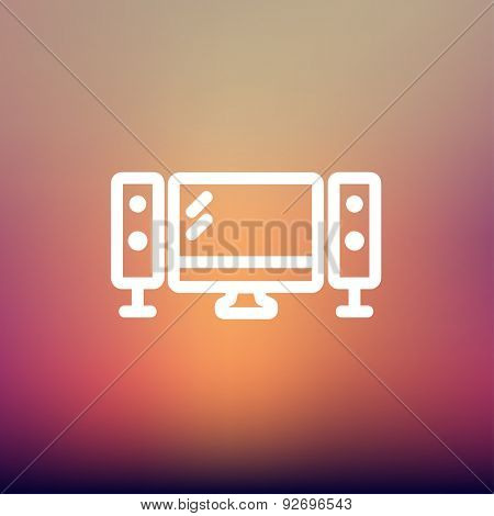 Flat screen television with speakers icon thin line for web and mobile, modern minimalistic flat design. Vector white icon on gradient mesh background.