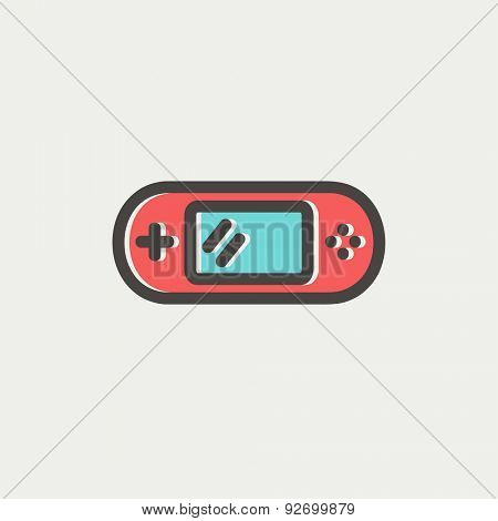 Video game controller icon thin line for web and mobile, modern minimalistic flat design. Vector icon with dark grey outline and offset colour on light grey background.