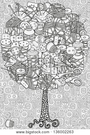 Artistic tree with hand drawn clothes buttons, needles, thread, pins, scissors. Hand drawn, doodle, tribal. Made by trace from sketch. Ink pen. Black and white background. Zentangle patters.