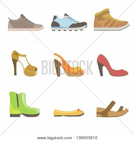 Different Shoes Set Flat Simplified Cartoon Style Bright Color Vector Illustration On White Background